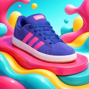 NWT Adidas Grand Court 00s Kids Size 4Y Blue Pink Suede Skate Puffy Tongue